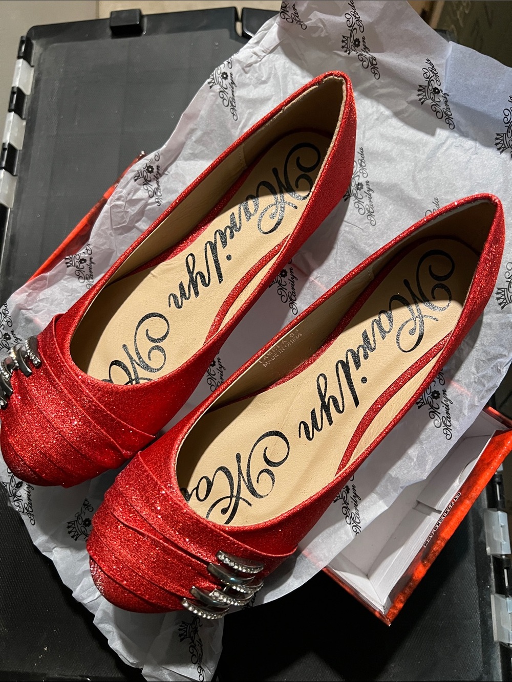 Size 6.5 Red Glitter Peep-Toe Flats with Silver Buckle Detail